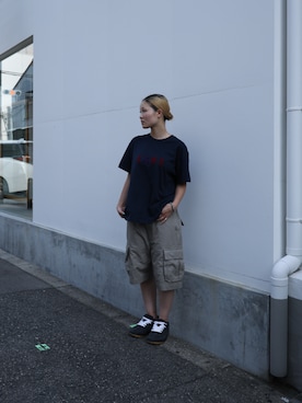 「thisisneverthat（ディスイズネバーザット）のthat Applique Tee（Tシャツ/カットソー、ブルー系）」を使った、thisisneverthatさん（メンズ・174cm）の夏コーディネート