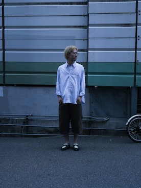 「thisisneverthat（ディスイズネバーザット）のDSN Striped Shirt（シャツ/ブラウス、ホワイト系）」を使った、thisisneverthatさん（メンズ・174cm）の夏コーディネート