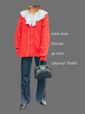 「DISCOAT（ディスコート）の【WEB限定/ユニセックス】モヘアライクシャギーカーディガン（カーディガン/ボレロ）」を使った、うーさん 。さん（レディース・166cm）の冬コーディネート