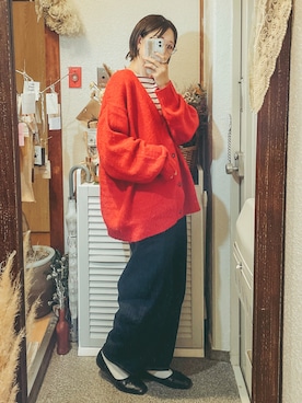 「DISCOAT（ディスコート）の【WEB限定/ユニセックス】モヘアライクシャギーカーディガン（カーディガン/ボレロ）」を使った、うーさん 。さん（レディース・166cm）の秋コーディネート