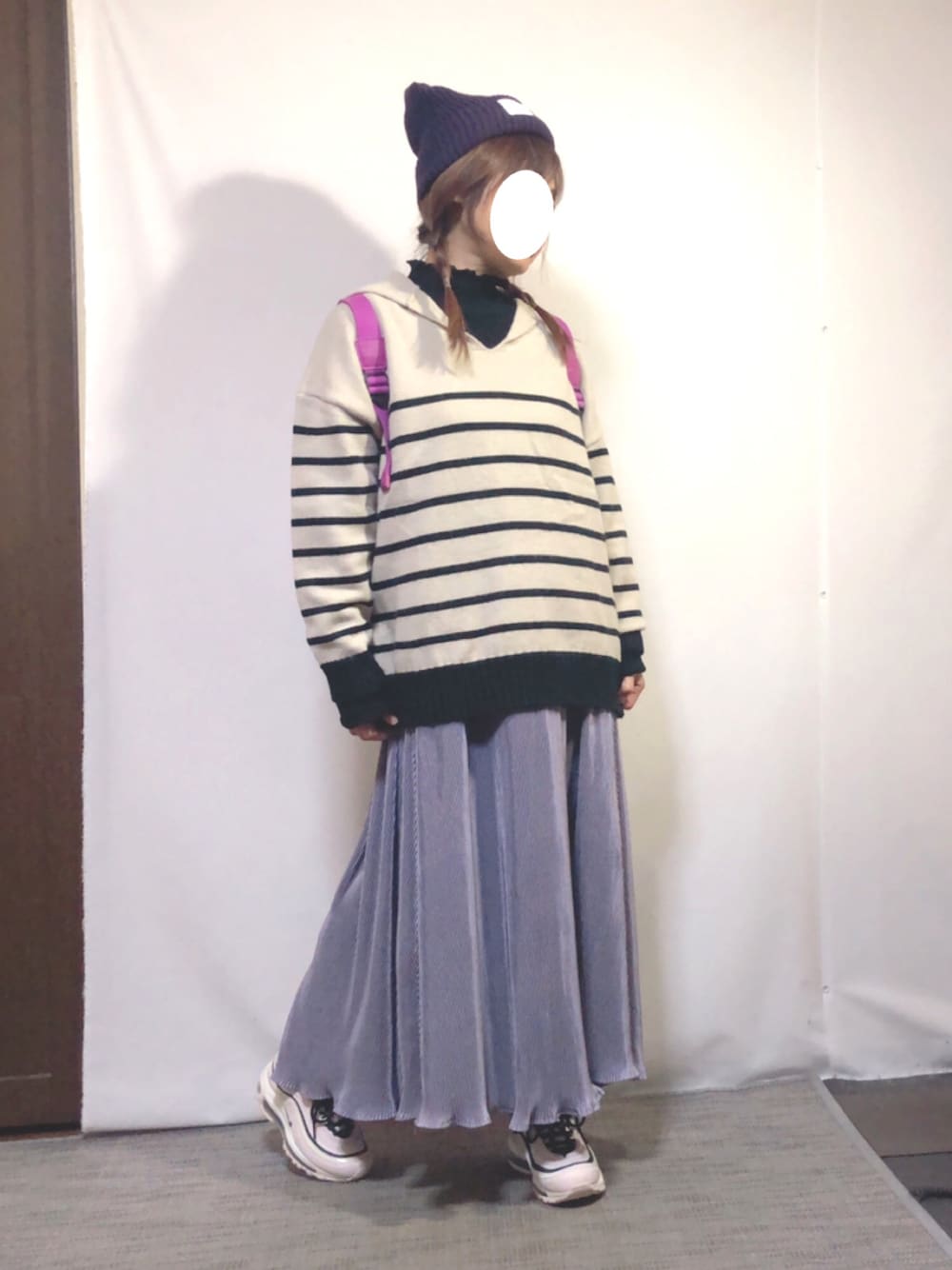 「カジュアルガーリー、オトナガーリー、レイヤード、ニットonニット、キャミワンピース、セーラーカラー、ボーダーニット、エアマックス97、キプリング、ニット帽、低身長、好きな服を好きなように着る🐷💕、好きな服を着隊」｜「CABALLEROのキャバレロ ニット帽 CABALLERO MILITARY WATCH KNIT TAG タグ付き（ニットキャップ/ビーニー、パープル系）」を使った、kaop🐣さん（レディース・150cm）の冬コーディネートの1枚目の写真