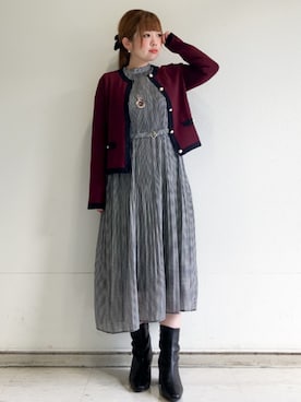 「index（インデックス）のバイカラークルーネックカーディガン【洗濯機OK】（Cardigans、レッド系）」を使った、MIPPOさん（レディース）の秋コーディネート