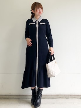 「index（インデックス）のポロニットワンピース【洗濯機OK／抗ピル】（One piece dress、ブルー系）」を使った、MIPPOさん（レディース）の秋コーディネート