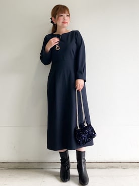 「index（インデックス）のストレッチハートネックワンピース【洗濯機OK／イージーアイロン】（One piece dress、ブルー系）」を使った、MIPPOさん（レディース）の秋コーディネート