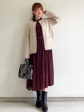 「index（インデックス）の【セットアップ可】ノーカラーミドルコーディガン《洗濯機OK》（Cardigans、ベージュ系）」を使った、MIPPOさん（レディース）の秋コーディネート