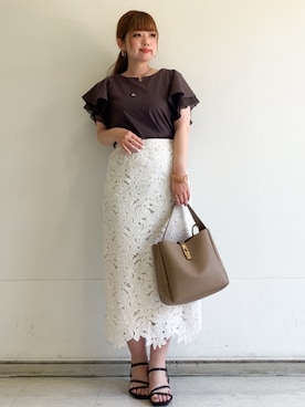 「index（インデックス）の【接触冷感／UVケア】シフォンフリルドッキングトップス《洗濯機OK》（Tシャツ/カットソー、ブラウン系）」を使った、MIPPOさん（レディース）の夏コーディネート