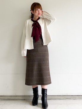 「index（インデックス）のジャカードノーカラーブルゾン【洗濯機OK】（Blouson、ホワイト系）」を使った、MIPPOさん（レディース）の秋コーディネート