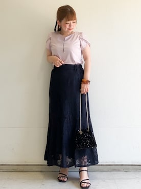 「index（インデックス）の【接触冷感／UVケア】ハートネックレースレイヤードトップス《洗濯機OK／6col》（Tシャツ/カットソー、ピンク系）」を使った、MIPPOさん（レディース）の夏コーディネート