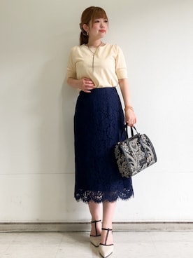 「index（インデックス）の透かし編み半袖ニット【洗濯機OK／抗ピル】（Knitwear、イエロー系）」を使った、MIPPOさん（レディース）の秋コーディネート