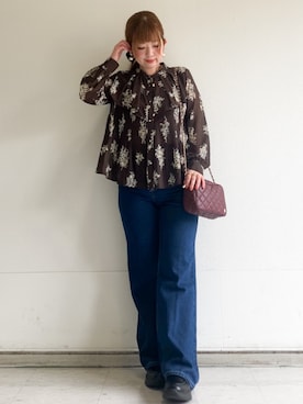 「index（インデックス）のプリーツレイヤードバンドカラーブラウス【洗濯機OK／イージーアイロン／防シワ】（Shirts、ブラウン系）」を使った、MIPPOさん（レディース）の秋コーディネート
