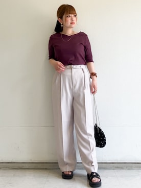 「index（インデックス）の【接触冷感】ハートネックリボンボタンワイドリブ《UVケア/洗濯機OK》（Tシャツ/カットソー、オレンジ系）」を使った、MIPPOさん（レディース）の夏コーディネート