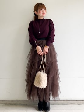 「index（インデックス）のカシミヤタッチハイネックニット【洗濯機OK／抗ピリング】（Knitwear、レッド系）」を使った、MIPPOさん（レディース）の秋コーディネート