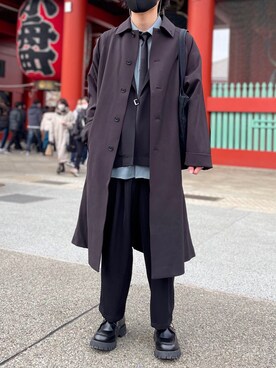 「KUUUPY」｜「アイテム（ステンカラーコート）」を使った、まっちーさん（メンズ・179cm）の春コーディネート