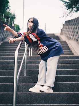 「GU（ジーユー）の22/06/05 ¥990 Wセンタープレスストレートパンツ（スラックス、ブルー系）」を使った、園崎みゆさん（レディース・153cm）の夏コーディネート