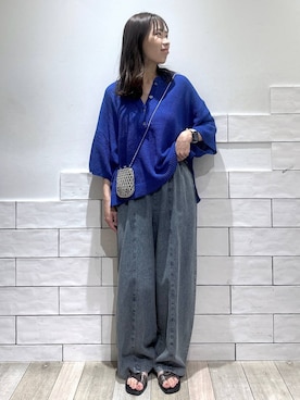 「LEPSIM（レプシィム）のイージーコクーンデニムパンツ　661665（デニムパンツ、ブルー系）」を使った、taruさん（レディース・155cm）の夏コーディネート