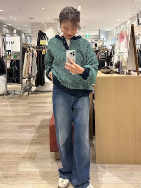 「LEPSIM（レプシィム）のMOUL／ヘンリーボーダーニット　1069246（ニット/セーター、グリーン系）」を使った、taruさん（レディース・155cm）の秋コーディネート