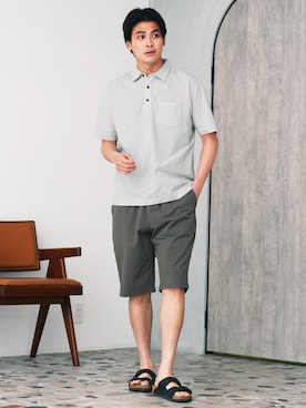 「jiggys shop（ジギーズショップ）の接触冷感 ハイパーストレッチ 極ラクショートパンツ（その他パンツ、グレー系）」を使った、JIGGYS SHOP PRESSさん（メンズ・180cm）の夏コーディネート