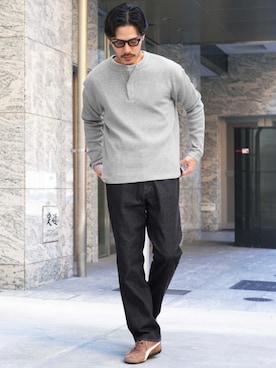 「jiggys shop（ジギーズショップ）のワッフル編み サーマル ヘンリーネック ロンT カットソー（Tシャツ/カットソー、グレー系）」を使った、JIGGYS SHOP PRESSさん（メンズ・183cm）の秋コーディネート