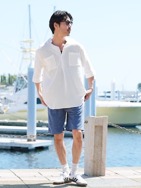 「jiggys shop（ジギーズショップ）のパナマ織 スタンドカラー スキッパー 5分袖シャツ（シャツ/ブラウス、グレー系）」を使った、JIGGYS SHOP PRESSさん（メンズ・180cm）の夏コーディネート