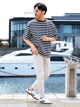 「roshell（ロシェル）の接触冷感 ハイパーストレッチ スキニー アンクルパンツ（その他パンツ、ホワイト系）」を使った、JIGGYS SHOP PRESSさん（メンズ・180cm）の春コーディネート