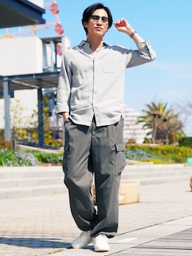 「jiggys shop（ジギーズショップ）のストレッチ コットン 7分袖 パナマシャツ（シャツ/ブラウス、グレー系）」を使った、JIGGYS SHOP PRESSさん（メンズ・180cm）の春コーディネート