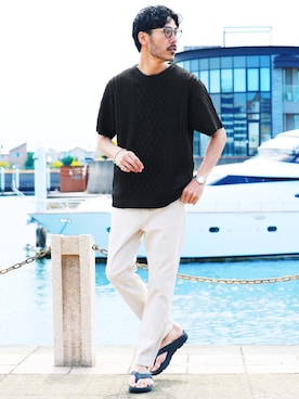 「jiggys shop（ジギーズショップ）のアラン サマーニット セーター（ニット/セーター、ブラック系）」を使った、JIGGYS SHOP PRESSさん（メンズ・180cm）の春コーディネート