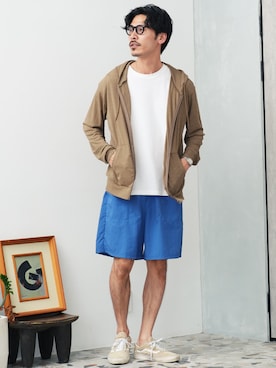 「jiggys shop（ジギーズショップ）の水陸両用 接触冷感 速乾 ナイロン ベイカー ショートパンツ（その他パンツ、ブルー系）」を使った、JIGGYS SHOP PRESSさん（メンズ・180cm）の夏コーディネート