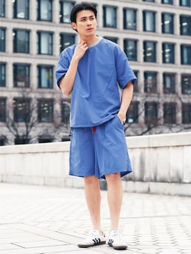 「jiggys shop（ジギーズショップ）の接触冷感 速乾 ナイロン シャカシャカ サイドメッシュ 裾ドローコード 半袖Tシャツ（Tシャツ/カットソー、ブルー系）」を使った、JIGGYS SHOP PRESSさん（メンズ・180cm）の春コーディネート