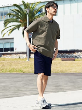 「jiggys shop（ジギーズショップ）のストレッチ ツイル 短パン ショートパンツ（その他パンツ、ブルー系）」を使った、JIGGYS SHOP PRESSさん（メンズ・180cm）の夏コーディネート