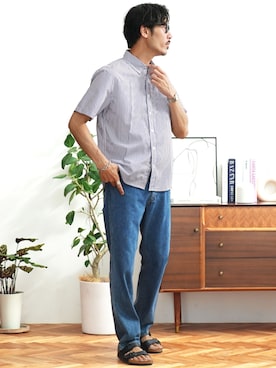 「jiggys shop（ジギーズショップ）のライトオンス ストレートデニム イージーパンツ（デニムパンツ、ブルー系）」を使った、JIGGYS SHOP PRESSさん（メンズ・180cm）の夏コーディネート