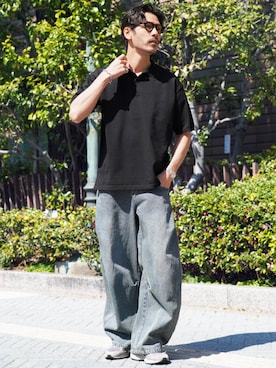 「jiggys shop（ジギーズショップ）の12.5オンス オーバーダイ ハードウォッシュ ユーズド加工 ワイドデニム ジーンズ（その他パンツ、ブルー系）」を使った、JIGGYS SHOP PRESSさん（メンズ・180cm）の春コーディネート