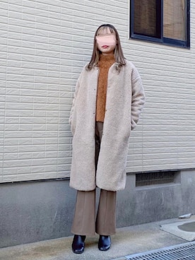 「Chillfar（チルファー）のアイテム（ノーカラーコート）」を使った、ねこさん（レディース・158cm）の冬コーディネート