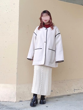 「ケーブルニット」｜「アイテム（ステンカラーコート）」を使った、ねこさん（レディース・158cm）の春コーディネート