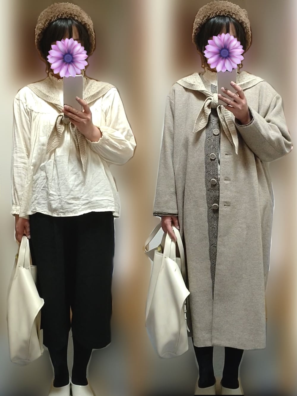 「ナチュラル、ノーカラーコート、サマンサ モスモス(Samansa Mos2)、ブラウス、ショルダーバッグ、白、ベージュ」｜「studio CLIPのフェイクファーニットヘアバンド（ヘアバンド、ブラウン系）」を使った、NE/158cmさん（レディース・158cm）の春コーディネートの1枚目の写真