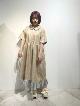 「merry jenny（メリージェニー）のbearジャガードシャツワンピース（ワンピース、ベージュ系）」を使った、merry jenny 新宿店さん（レディース・153cm）の夏コーディネート