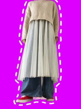 「ANGIE（アンジー）の起毛ローゲージショートニットプルオーバー（ニット/セーター、ホワイト系）」を使った、みぃさん（レディース・159cm）の春コーディネート