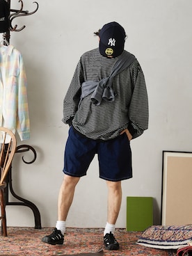 「JOURNAL STANDARD relume（ジャーナルスタンダード　レリューム）のアイテム（帽子）」を使った、enoさん（メンズ・174cm）の夏コーディネート