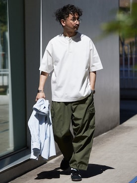 「Healthknit（ヘルスニット）のアイテム（Tシャツ/カットソー）」を使った、enoさん（メンズ・174cm）の夏コーディネート