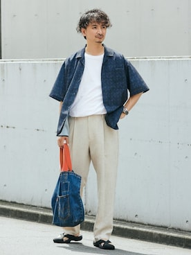 「アイテム（スラックス）」を使った、enoさん（メンズ・174cm）の夏コーディネート