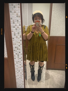 「チェックワンピース」｜「アイテム（ハンチング/ベレー帽）」を使った、yamaさん（レディース・152cm）の秋コーディネート