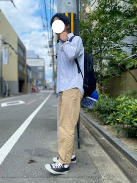 「GLOBAL WORK（グローバルワーク）のオックスフォードボタンダウンシャツ【汚れが落ちやすい】/886418（シャツ/ブラウス、ホワイト系）」を使った、たかさん（メンズ・168cm）の秋コーディネート