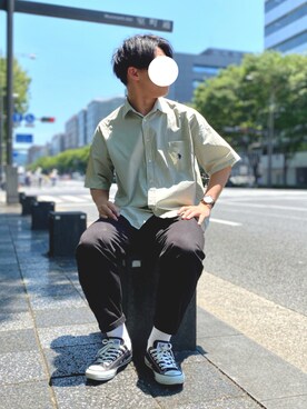 「FREAK'S STORE（フリークスストア）のWEB限定 U.S. POLO ASSN.×FREAK'S STORE/ユーエスポロアッスン 別注 ワンポイント刺繍ロゴ SS レギュラーカラーシャツ（シャツ/ブラウス、ベージュ系）」を使った、たかさん（メンズ・168cm）の夏コーディネート