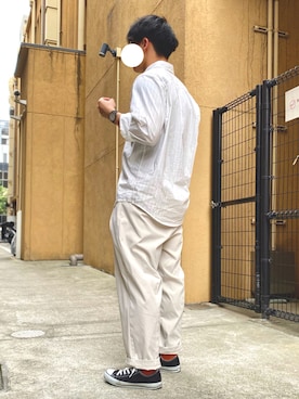 「NANO universe（ナノユニバース）のＥＡＳＹ　ＣＡＲＥ　ＳＴＲＩＰＥ　シャツ（シャツ/ブラウス、ホワイト系）」を使った、たかさん（メンズ・168cm）の夏コーディネート