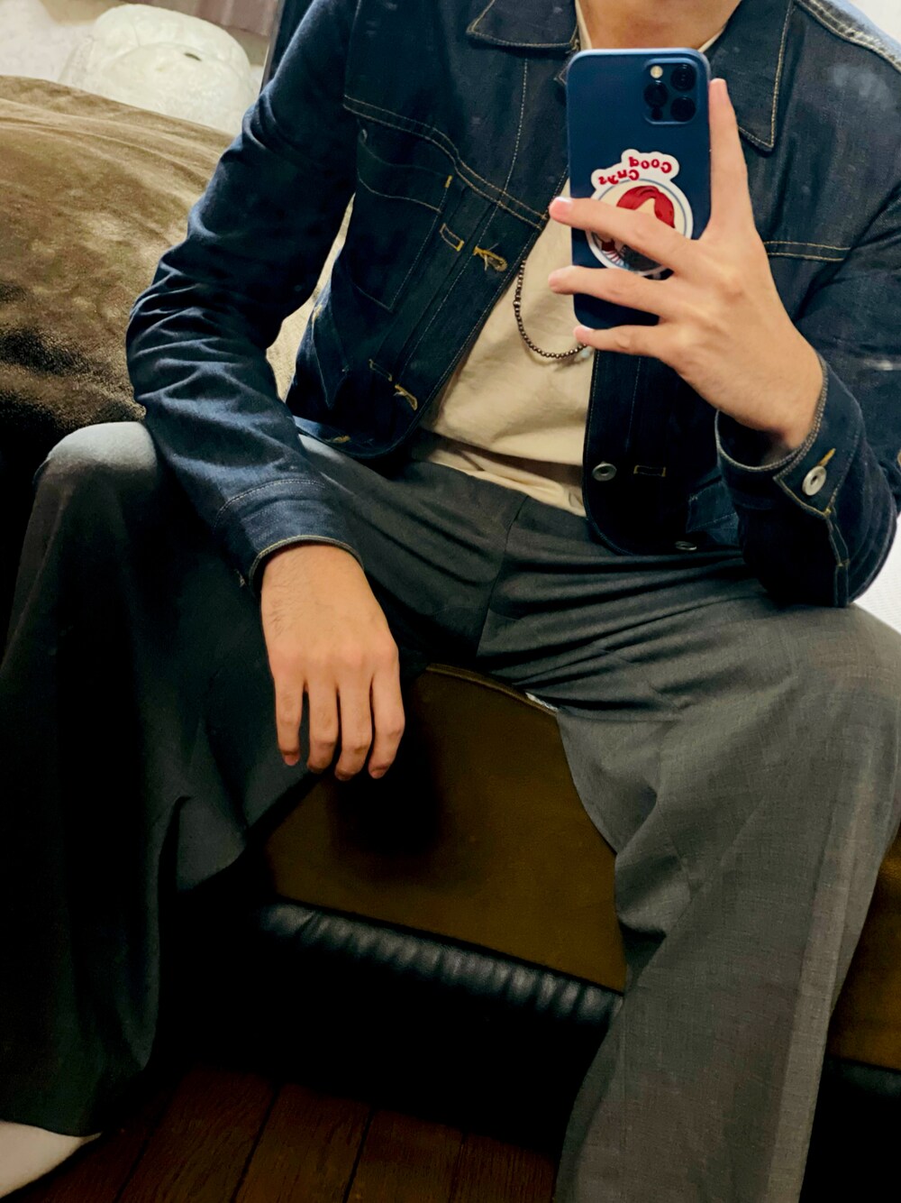 「大人コーデ、お洒落さんとつながりたい、今日のコーデ、デニムジャケット、ワイドスラックス、カジュアル、春服、春コーデ、トレンド、ナノユニバース、N.HOOLYWOOD、prospectiveflow、休日コーデ、シンプル、メンズコーデ」｜「PROSPECTIVE FLOWのアイテム（デニムジャケット、ブルー系）」を使った、がんぽん兄さん（メンズ・175cm）の春コーディネートの1枚目の写真