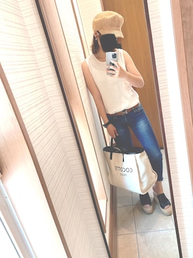 「Ungrid（アングリッド）のインディゴフレイドヘムストスリ（デニムパンツ）」を使った、hiyochan＊さん（レディース・154cm）の夏コーディネート