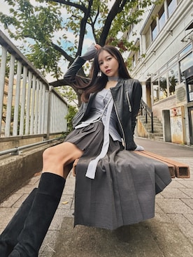 「アイテム（ライダースジャケット）」を使った、まひるんさん（レディース・153cm）の冬コーディネート