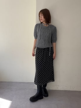 「mystic（ミスティック）のケーブル半袖ニット（ニット/セーター、グレー系）」を使った、mika🍊さん（レディース・155cm）の夏コーディネート