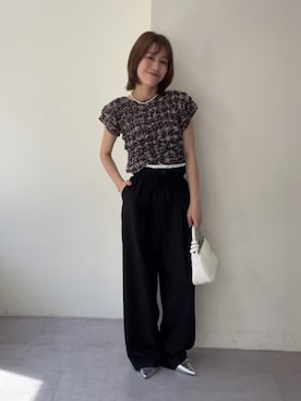 「mystic（ミスティック）の《新色BRN/6色展開/伸縮性あり◎》ふわふわシャーリングTシャツ（Tシャツ/カットソー、ブラウン系）」を使った、mika🍊さん（レディース・155cm）の夏コーディネート