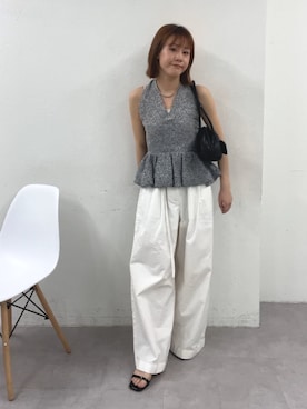 「mystic（ミスティック）のワイドベルトタックパンツ（その他パンツ、ホワイト系）」を使った、mika🍊さん（レディース・155cm）の春コーディネート