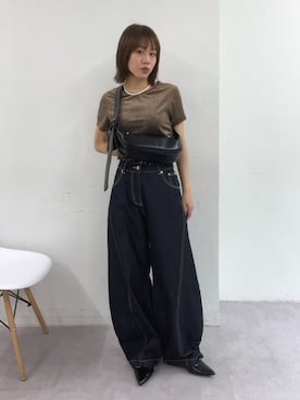 「mystic（ミスティック）のベロアTシャツ（Tシャツ/カットソー、ブラウン系）」を使った、mika🍊さん（レディース・155cm）の夏コーディネート